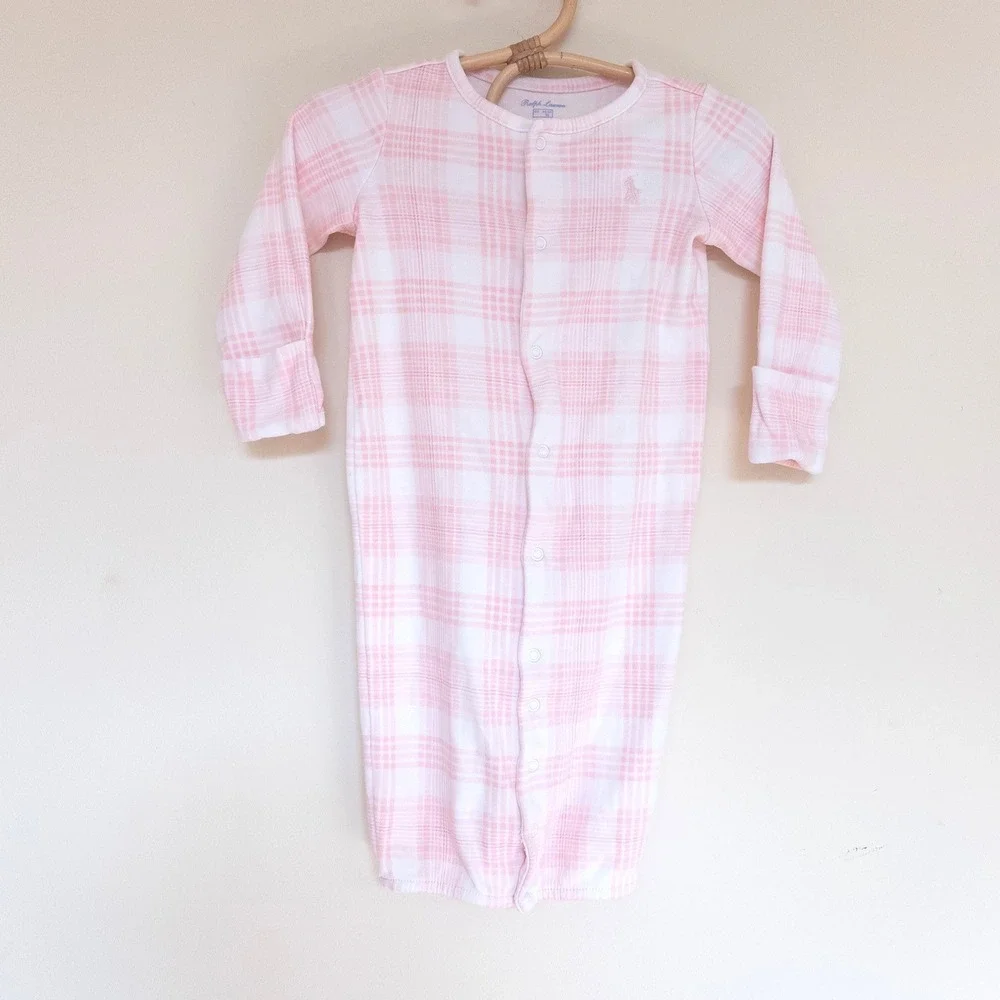 Ralph Lauren Convertible Romper Gown Pink Plaid Snap Front Baby Girl 6 Months
